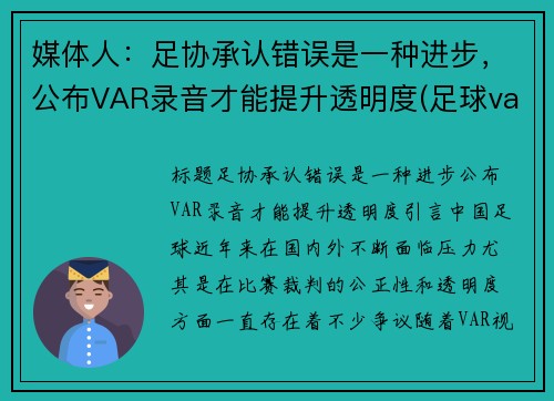媒体人：足协承认错误是一种进步，公布VAR录音才能提升透明度(足球var回放是什么)