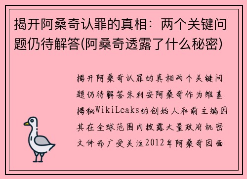 揭开阿桑奇认罪的真相：两个关键问题仍待解答(阿桑奇透露了什么秘密)