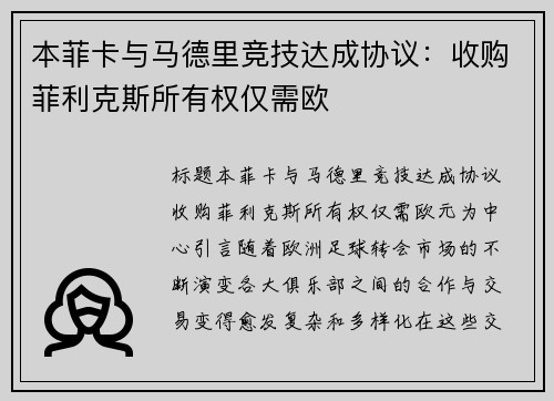 本菲卡与马德里竞技达成协议：收购菲利克斯所有权仅需欧