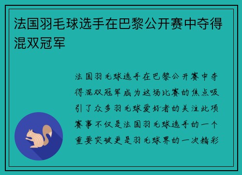 法国羽毛球选手在巴黎公开赛中夺得混双冠军